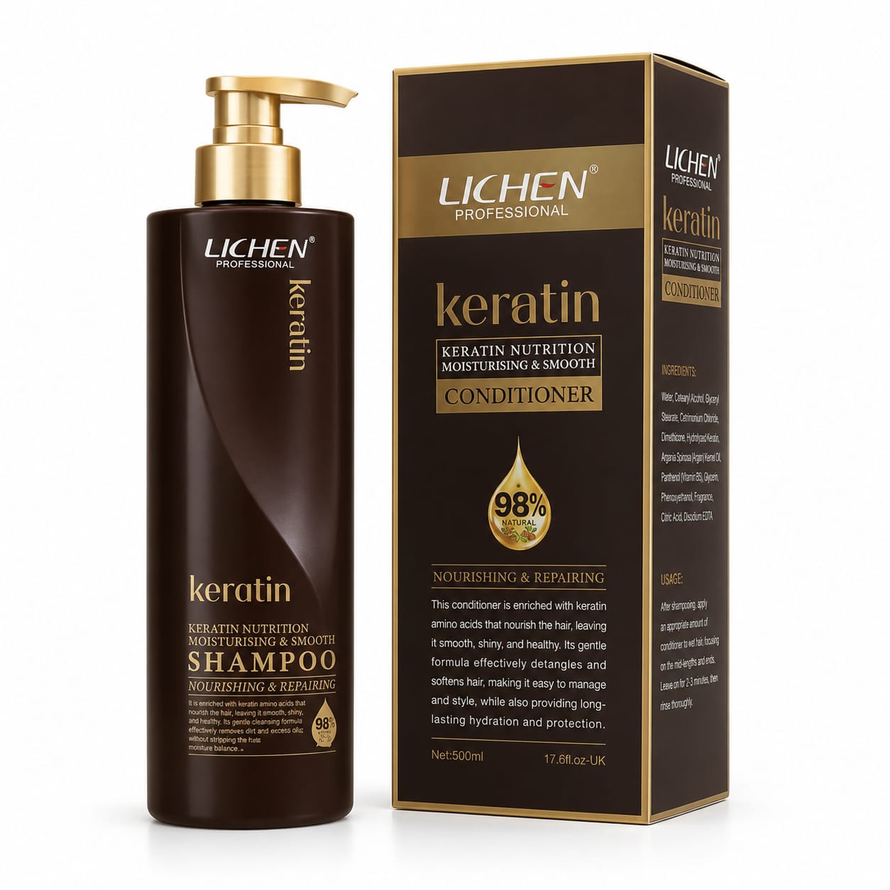Lichen Keratin Shampoo + Conditioner 500ml – Smooth & Repair Hair Care Duo